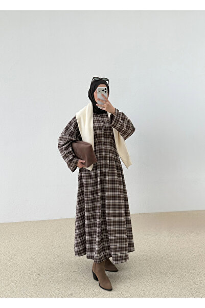 MODA AKSA KARELİ MİLS ELBİSE kahve