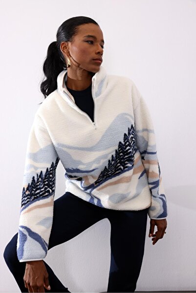 5in1Canpolat Blue Landscape Patterned Sweatshirt 22809