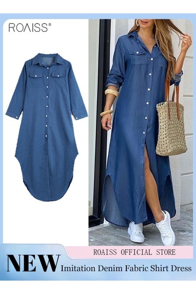ROAISS Women's Casual Denim Shirt Dress Loose Fit Button Closure Denim Dress ...