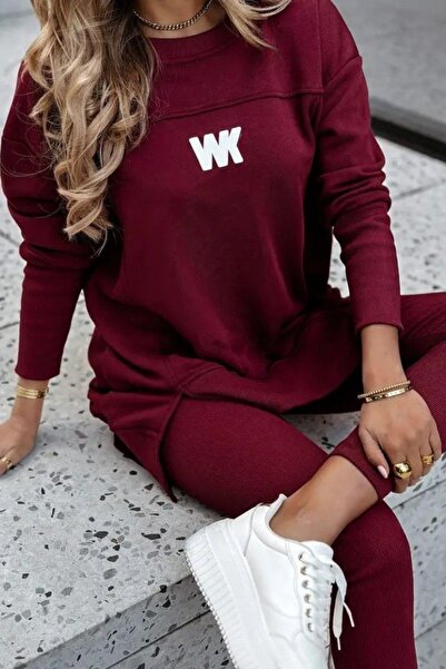 Mossta Printed Oversized Viscose Two Thread Blouse Leggings Suit - Burgundy