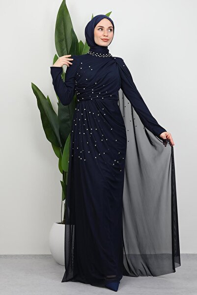 GİYZAMİLA İlke Tulle Evening Dress Navy Blue