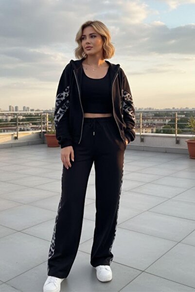 Mossta Front Zippered Leopard Stripe Modal Double Suit - Black