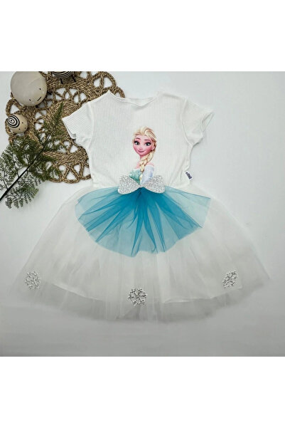 Marsilyan 5-6-7 Years Old Elsa Patterned Bow Tulle Skirt Lined Short Sleeve G...