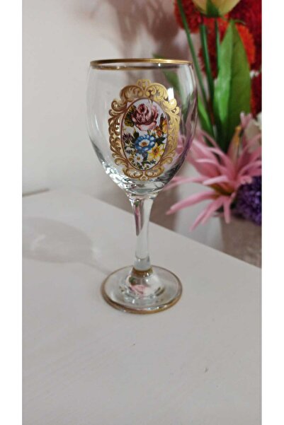 Hureggo vintage altın yaldızlı çiçek desenli cam kadeh ''80'li yıllar - 17 cm