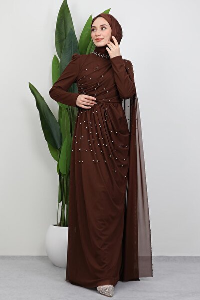 GİYZAMİLA İlke Tül Evening Dress Bitter Brown