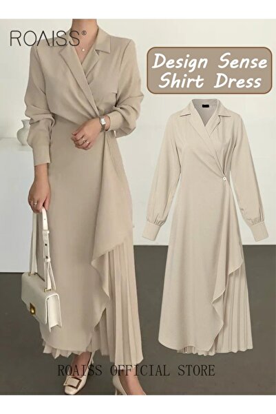 ROAISS فستان تونيك نسائي بلون موحد، فستان رسمي أنيق بتصميم غير متماثل مطوي، فستان بخصر عالٍ على شكل حرف V