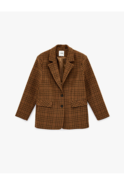 Koton Cep Detaylı Geniş Yaka Düğmeli Uzun Kollu Ekoseli Blazer Ceket