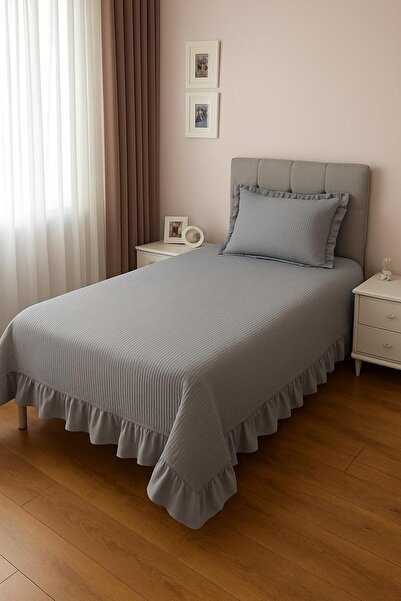Pedimu Ruffle Detailed Knitted Pique Single Bedspread + Pillowcase (160×200 cm – 65×40 cm)