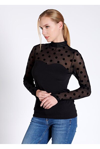 Belinay 1049 Yakası Tül Puantiyeli Uzun Kollu Kadın Body