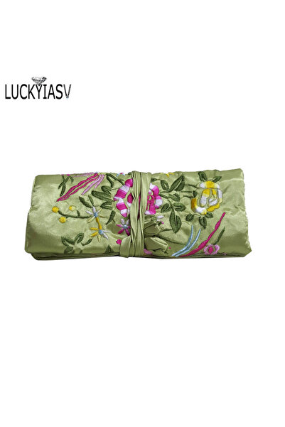 Choice منظم مجوهرات سفر قابل للطي بتصميم كلاسيكي مطرز باللون الأخضر الفاتح، م...