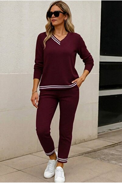 buğrahayalin Women's Long Sleeve Rib Detail Viscose Two Thread Double Suit