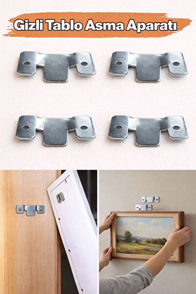 Badem10 Gizli Tablo Asma Askısı 4 Adet Metal Duvar Tipi Güçlü Taşıma Kapasiteli Tablo Çerçeve Askı Aparatı