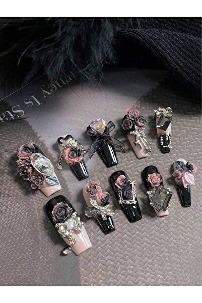 Choice L 10pcs Medium-Long Handmade Coffin-Shaped Nails, Custom Goth Punk 3D Rose Flower Nail Decals With .