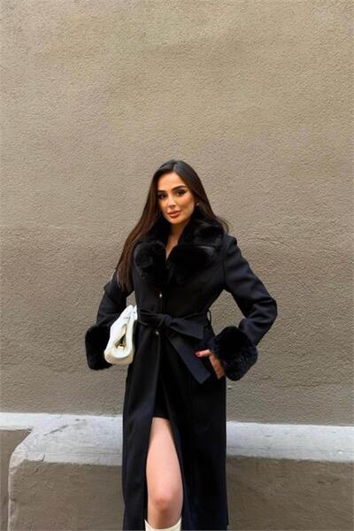 Neşeli Butik palton negru pentru femei, cu detalii din blană la gleznă și la guler, lungime întreagă, NBSTR1033