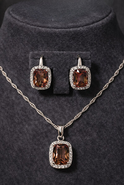 OSMANLI GÜMÜŞ Kadın Gümüş Kolye Küpe Set - Kare Model Zultanit Taşlı Kadın Gü...