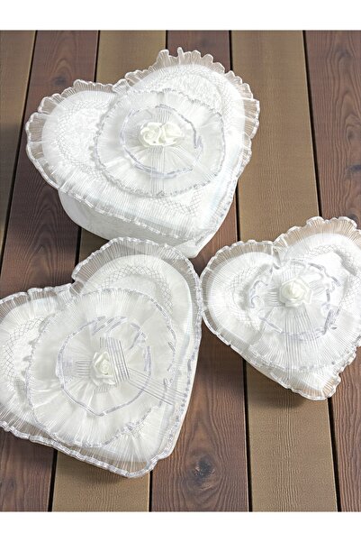 AYHANHOME Heart Motif Velvet Decorated Bohça Promise Engagement Purse Dowry Box Set of 3