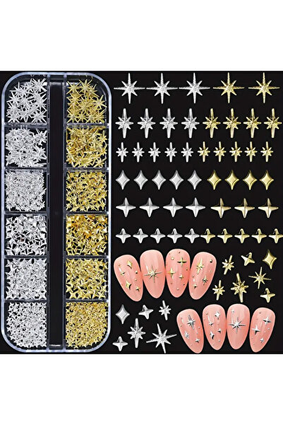 Choice Dz-45 Golden & Silvery Metallic 3D Star Nail Art Charms and Gems - Mixed Styles for DIY Nail Decor,