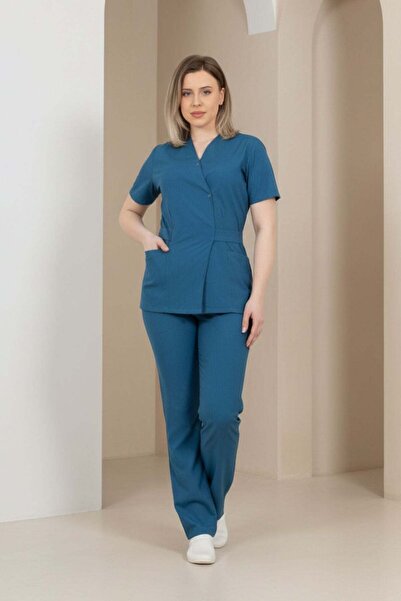 DEMOTEKS Petrol Elastane Medical Gown Suit, Kimono Type Uniform Blouse with Pants, Doctor Nurses