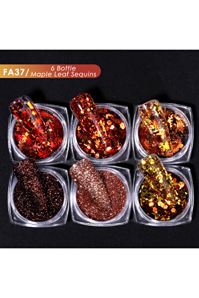 Choice FA37 6 Bottle Autumn Winter Nail Glitter Flakes Maple Leaves Hexagon Diamond Powder Sequins Golden D