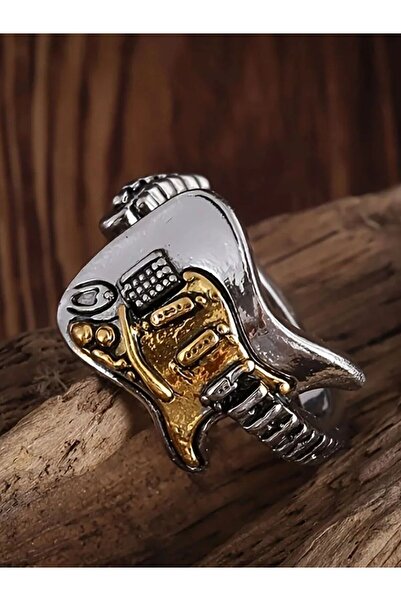 Choice خاتم فضي قابل لتغيير المقاس، قطعة واحدة، مصنوع من سبيكة معدنية بتصميم فني على شكل جيتار، عصري، فريد، وبسيط.