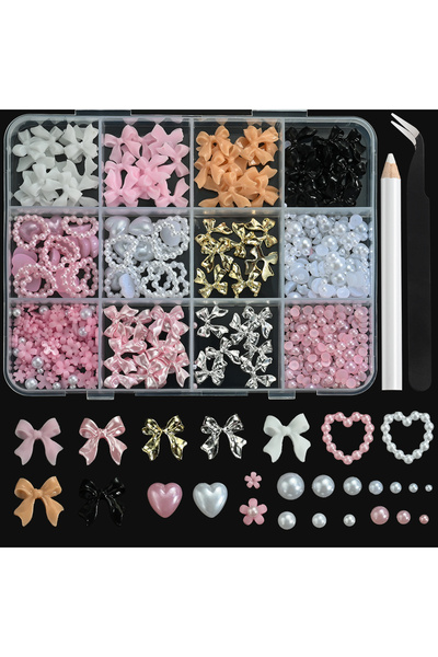 Choice 1 12Grids 3D Multi-Colors Ribbon Flower Nail Art Charms Simulated Perals Love,Metal Bowknot Nail De.