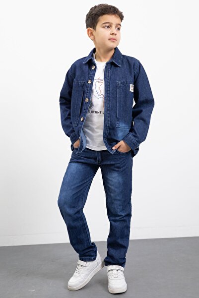 Cansın Mini Navy Blue Embroidered Jean Shirt and Boys' Pants 3-Piece Jean Set 23470