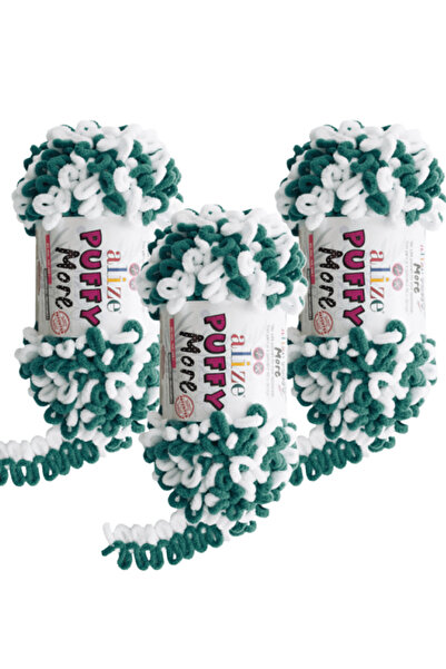 Alize Puffy More Hand Knitting Yarn 3 Pieces – 6570 Green White – Fan Colors – Blanket, Scarf, Vest