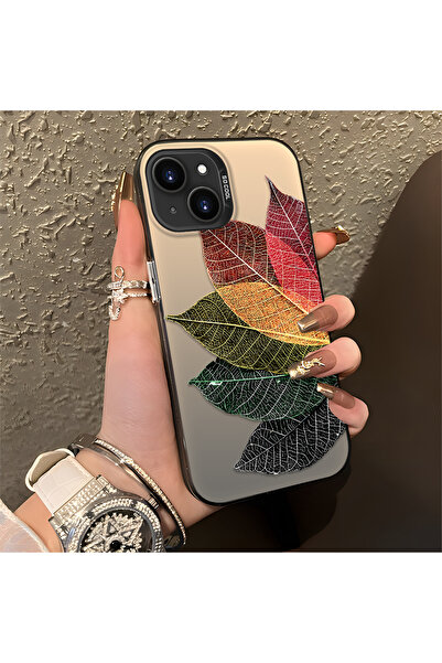 ucuc iPhone 13/14 Uyumlu Silikon Kenar Akrilik Arka Renkli Yaprak Koruyucu Kılıf