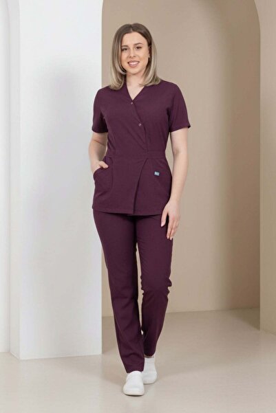 DEMOTEKS Elastane Medical Gown Suit Grena, Kimono Uniform Blouse with Pants, Nurses Doctors