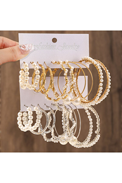 Choice مجموعة من 10 أزواج من الأقراط الحلقية الكورية المصنوعة من اللؤلؤ الصنا...