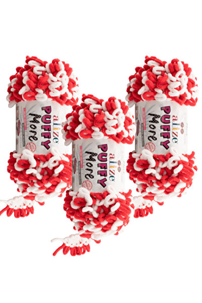 Alize Puffy More Firea pentru tricotat manual 3 bucăți – 6556 Roșu Alb – Culori ventilatoare – Pătură, eșarfă, vestă