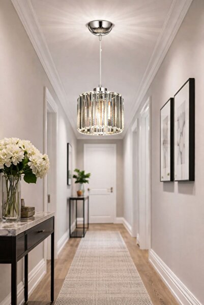 Bohem Aydınlatma modern kristal sarkıt krom avize KORİDOR ANTRE UYUMLU ŞEFFAF KRİSTAL CAM KROM GÜMÜŞ avizeler GÖVDE