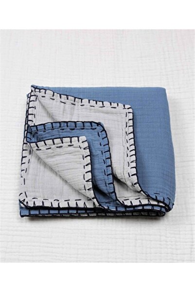 Cigit Müslin Çift Taraflı El İşili Bebek Battaniye (Yıkanmıştır) 100X100 cm İndigo - Gri