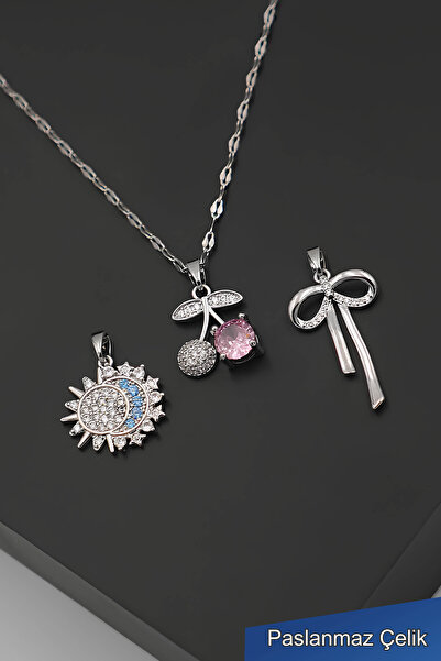 TREND COLLECTİON Değiştirilebilir Kolye Uçlu Gümüş A+ Çelik Kolye Seti – 3’lü...