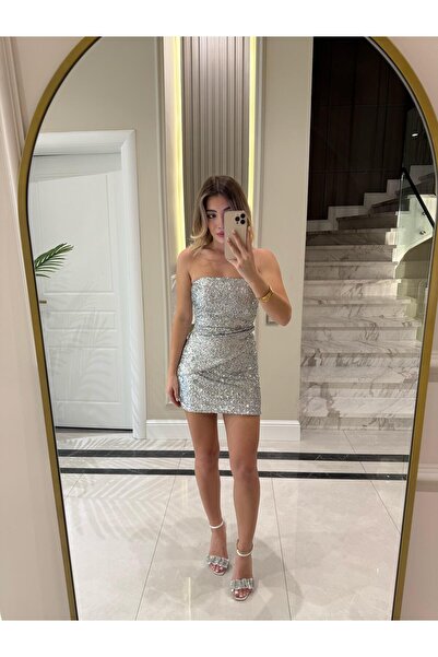 CKBUTİK Gümüş Pul Payet Mini Etek-4579