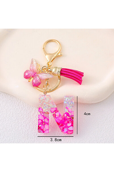 Choice N Initial Keychain With Pink Resin & Faux Stone, Tassel & Butterfly Ch...