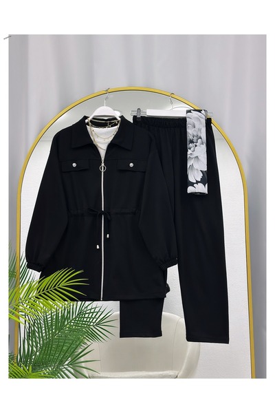 YEDİLALE Shirt Collar Zippered Lace-Up Double Set [Includes Jacket and Pants]