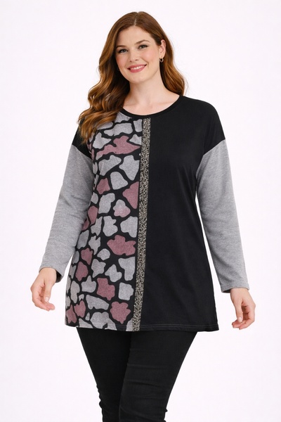 Şans Tunica de damă, mărime mare, gri, cu broderie cu pietre, din lână și viscoză, cu mâneci joase 65N39288