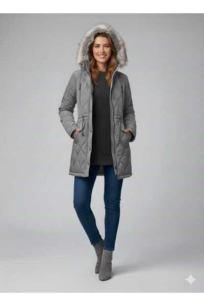KMKkombin Women's Zippered Youth Sports Large Size Waterproof Hooded Fur Short Nova Coat 1186