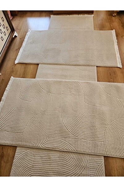 AKSU MERİNOS RÖLYEF KREM YIKANABİLİR MODERN KAYMAZ TABAN YATAK ODASI ANTRE HOL TAKIMI 3LÜ 80X300 80X150