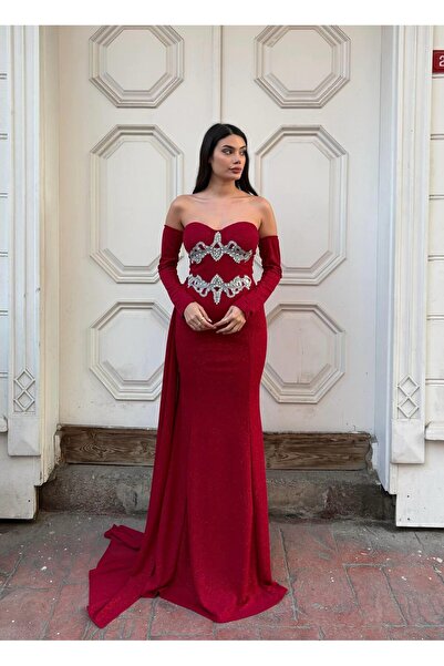 Modafeminen Flexible fukuro fabric, staple collar, stone-embellished front, train evening gown 583358 red