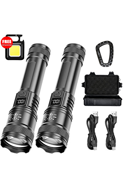 XIWANGFIRE مصباح يدوي LED فائق السطوع من زووم، أسود اللون، مزود ببطارية مدمجة، عدد 2، مع العبوة D، بقوة 2000 لومن، قابل لإعادة الشحن من النوع C