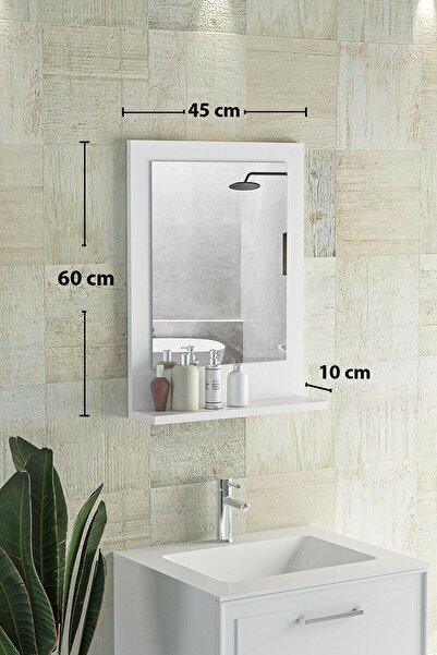 meDDex 60x45 Beyaz Raflı Banyo Aynası