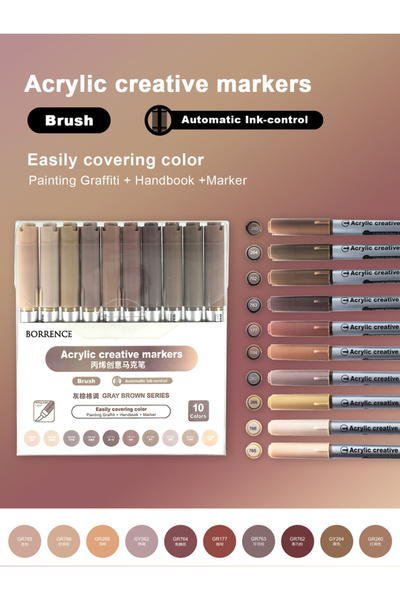 Choice مجموعة أقلام تلوين أكريليك من سلسلة رمادي بني، ١٠ ألوان/علبة، قابلة للتكديس، مع تحكم تلقائي في الحبر.