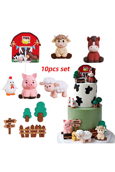 choice2 مجموعة من 10 قطع لتزيين كعكة حفلات المزرعة الريفية باللون الأحمر، تتض...