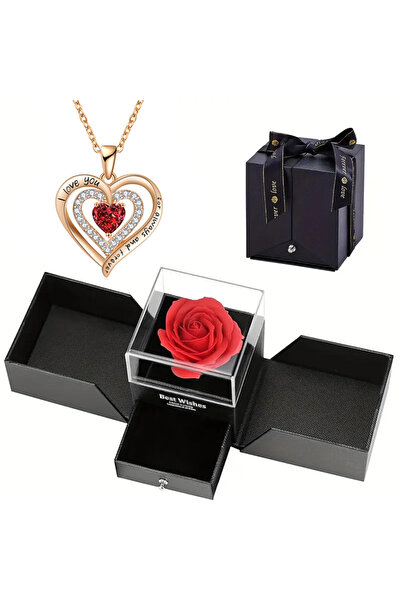 Choice طقم أحمر واحد: علبة مجوهرات مبتكرة ذات بابين على شكل وردة أبدية مع قلا...