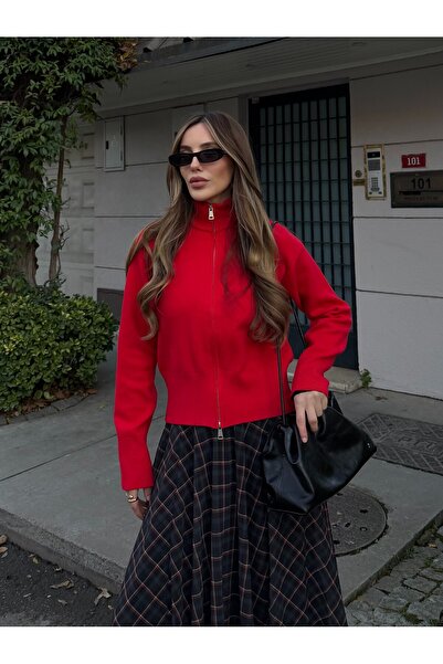 Laluvia Red 100% Cotton Double Zipper Cardigan - 0657