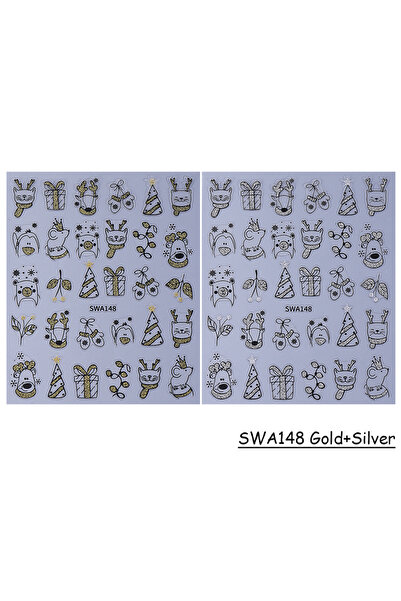 Choice SWA148 Gold Silver 2/4pcs Cartoon Christmas Nail Stickers Glitter Gold Silver Reindeer Cat Snowflake