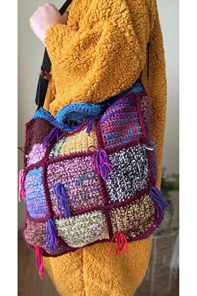 simarikcraft El Örgüsü Patchwork Omuz Çantası – Renkli Büyük Boy Günlük Çanta