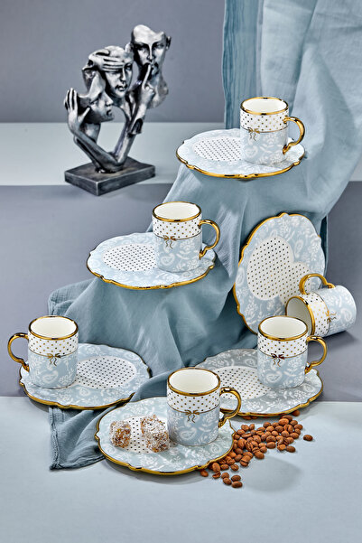 felek showroom 6 Kişilik Porselen Desenli Çay Fincan Takımı - Mavi